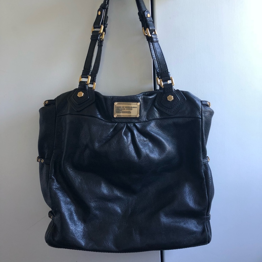 Black leather tote bag
